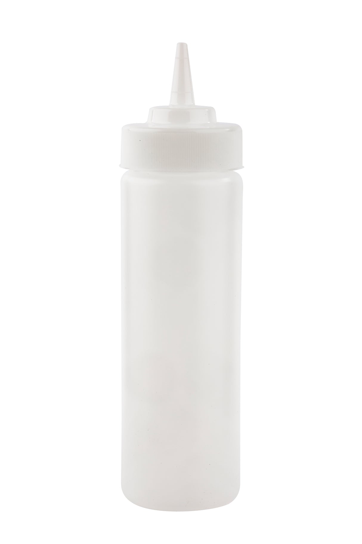 A clear WideMouth Squeeze Bottle with a white screw-on cap and a narrow pointed nozzle, NSF certified and dishwasher safe, typically used for condiments or sauces, isolated on a white background.