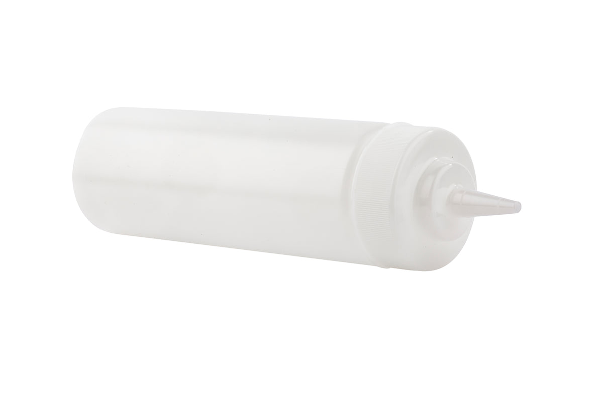 A translucent, empty WideMouth Squeeze Bottle with a pointed nozzle cap lies on its side against a white background. The cylindrical bottle, often used for condiments in kitchens or restaurants, is dishwasher safe for easy cleaning.