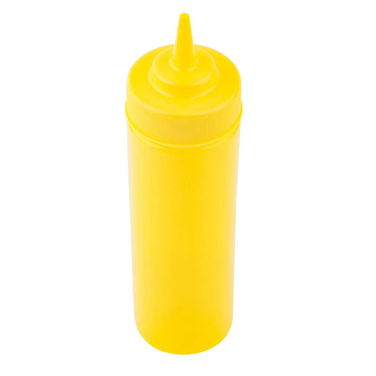 A bright yellow 12 oz mustard squeeze bottle with a cone-shaped nozzle tip and ribbed screw-on cap, standing upright on a white background. The WideMouth Squeeze Bottle is perfect for condiments like mustard or sauces.