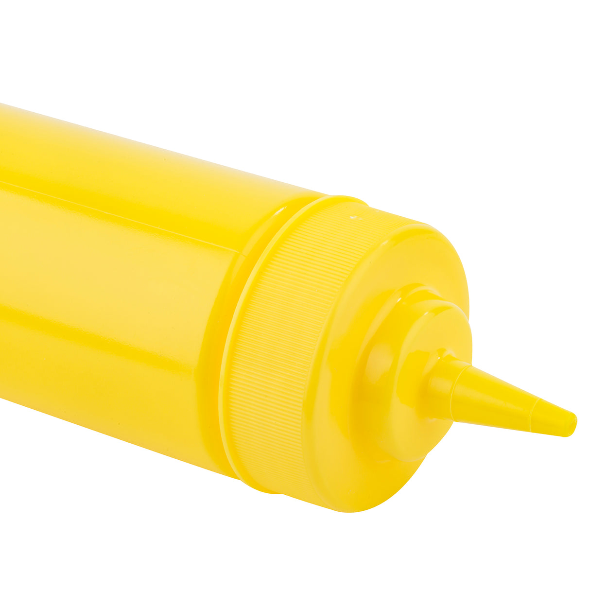 A close-up of a bright yellow mustard squeeze bottle with a pointed nozzle, typically used for condiments. The 12 oz squeeze bottle lies on its side against a white background, highlighting its cylindrical shape and ribbed cap.