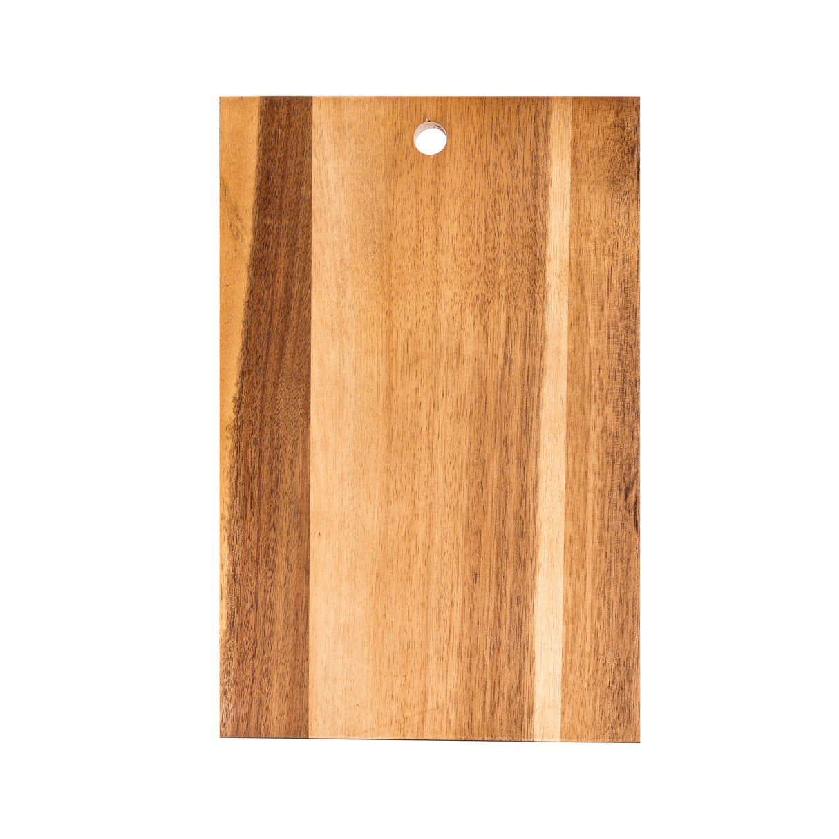 A rectangular Acacia Serving Board with a hole near the top edge, displaying natural wood grain patterns in light and medium brown shades. This Wood Serving Board by TableCraft is photographed against a white background.