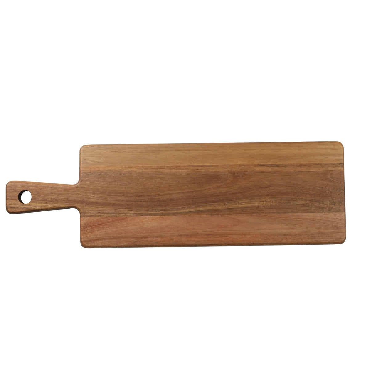 A rectangular TableCraft Acacia Serving Board with a smooth finish features a handle on the left side with a round hole for hanging. The visible wood grain highlights natural color and texture variations. The background is plain white.