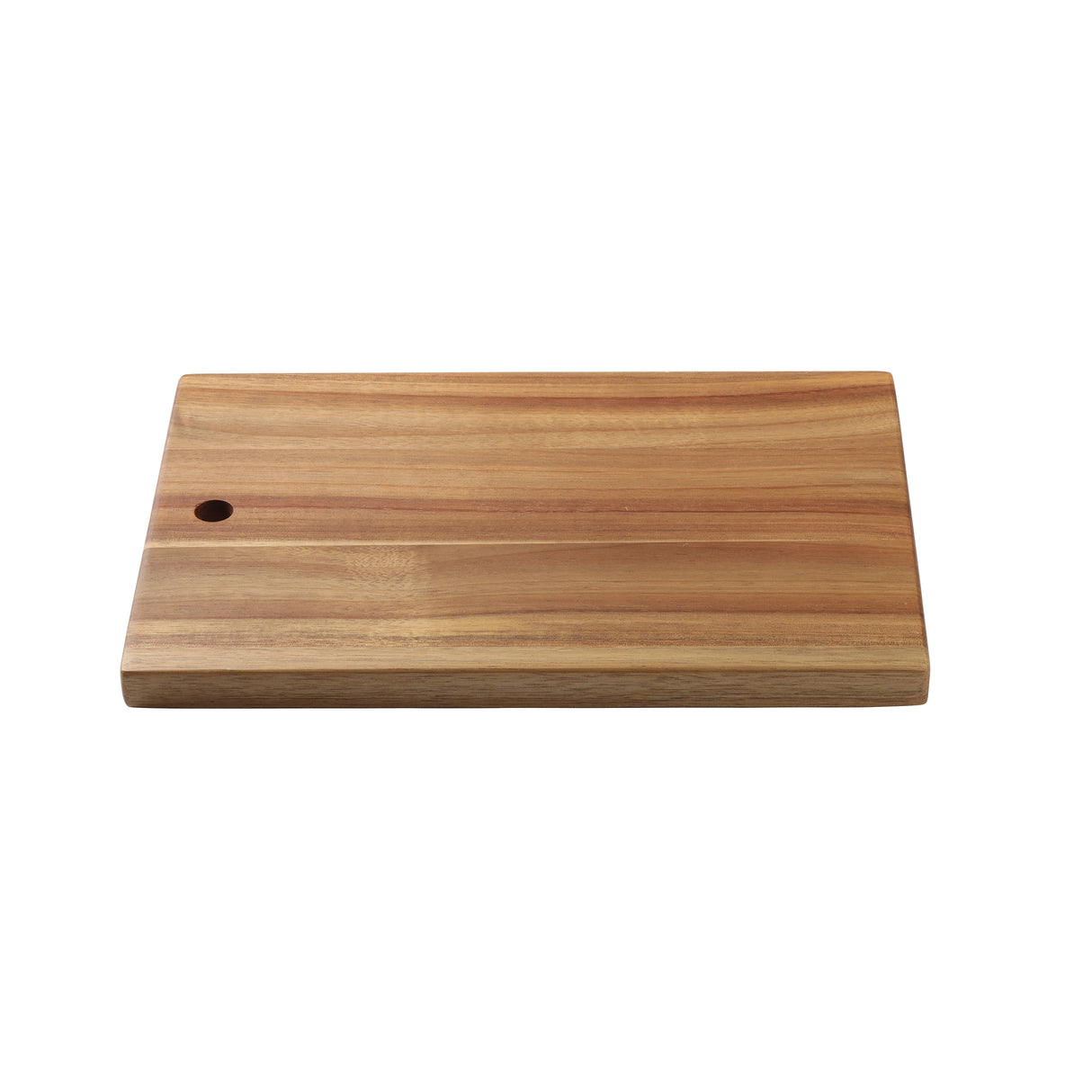 Rectangular TableCraft Acacia Serving Board with a smooth finish and a small round hole in one corner, placed on a white background. The wood has natural grain patterns and color variations from light to medium brown.
