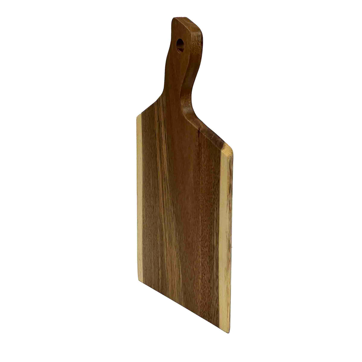 A rectangular Acacia Serving Board stands upright at an angle. It has a smooth finish, a handle with a hole for hanging, and natural wood grain in light and dark brown tones. The straight-edged board appears sturdy and ideal for serving or display.
