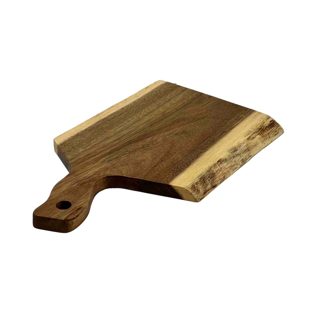 A rectangular Acacia Serving Board with a handle on the left side, featuring a hole near its end. The board showcases natural wood grain patterns and varied tones, with lighter edges and a smooth finish, photographed on a white background.