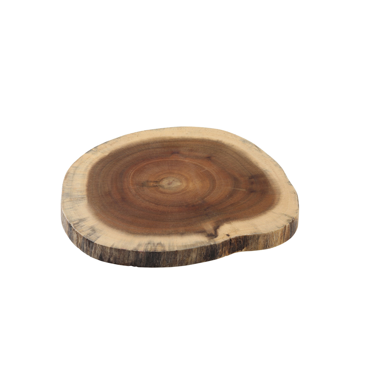 A single, round Acacia serving board with visible tree rings and a natural, uneven edge, lying flat on a white background. The wood displays light and dark brown tones with organic grain patterns.