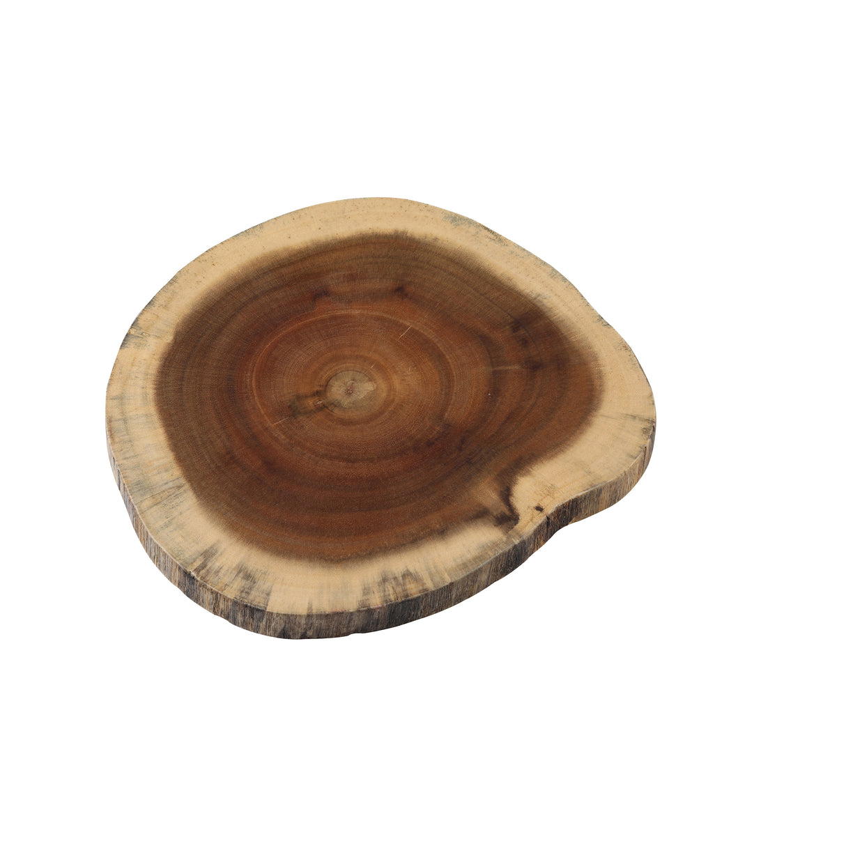 A single, round Acacia Serving Board with visible growth rings and natural bark edges, showcasing a gradient of brown tones from dark in the center to lighter on the rim, isolated on a white background.