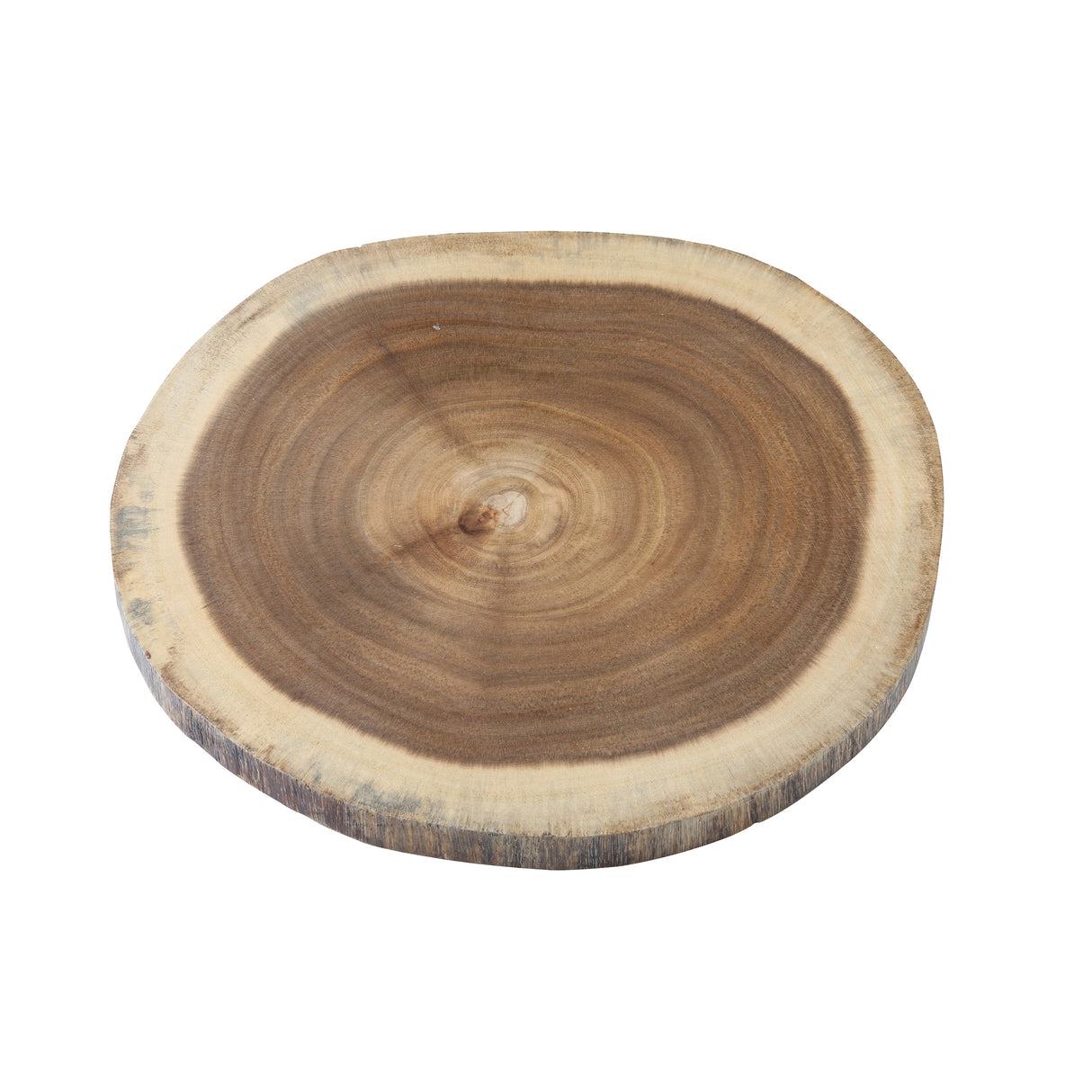 A round wood board from TableCraft, this Acacia Serving Board features natural rings and a smooth top, with the bark intact around the edge—showcasing the tree’s unique growth patterns and a beautiful contrast between inner wood and bark.