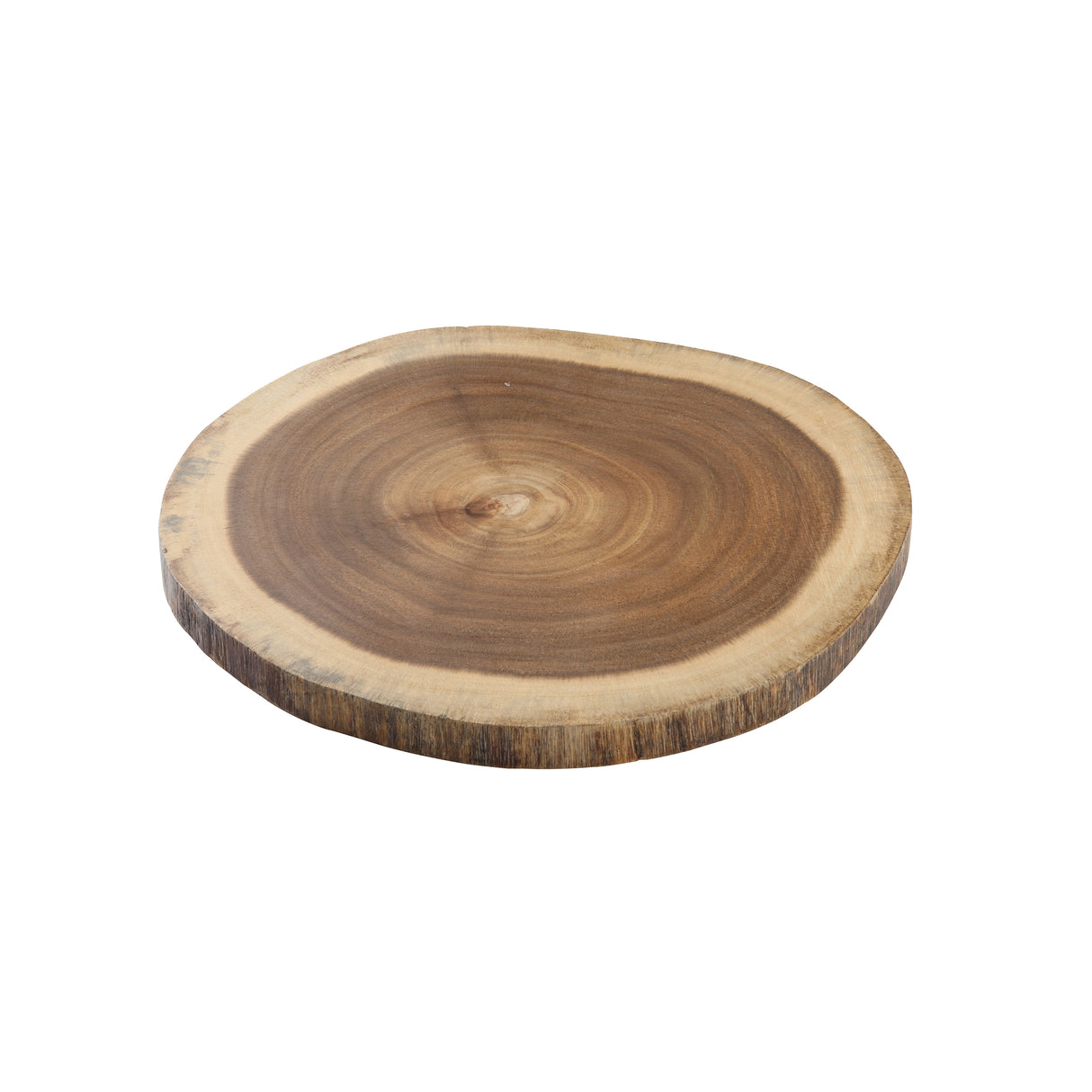 A round wood board resembling a tree cross-section, with visible natural rings and a light brown outer edge, placed on a white background. The smooth surface showcases beautiful wood grain patterns—perfect as an Acacia Serving Board by TableCraft.