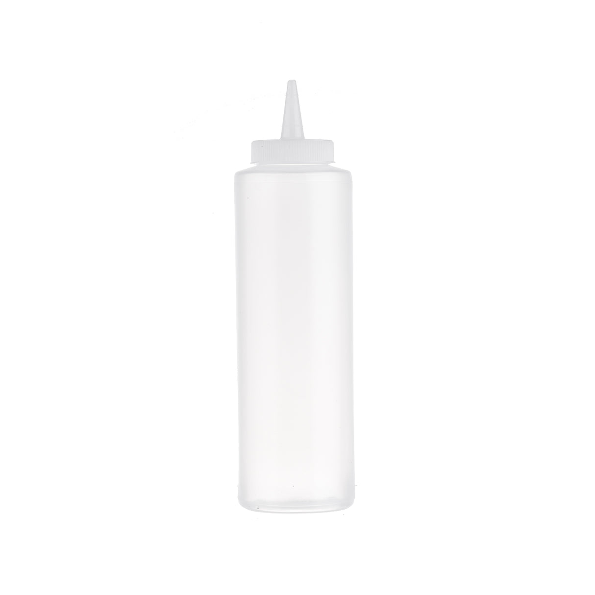 A clear, cylindrical 12 oz Squeeze Bottle with a pointed nozzle cap sits upright on a white background. The empty bottle is designed for precise dispensing of liquids, such as sauces or condiments.