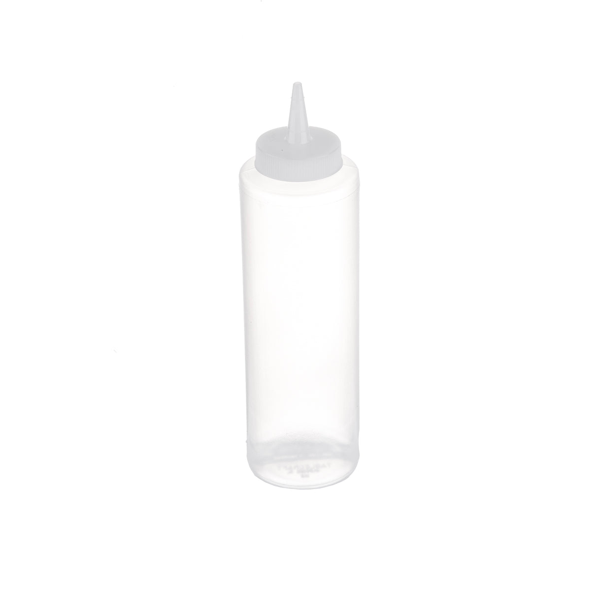 A clear, empty 12 oz Squeeze Bottle with a pointed nozzle and screw-on cap. Made in USA, it stands upright against a plain white background, ideal for precise dispensing of liquids like sauces, oils, or condiments.