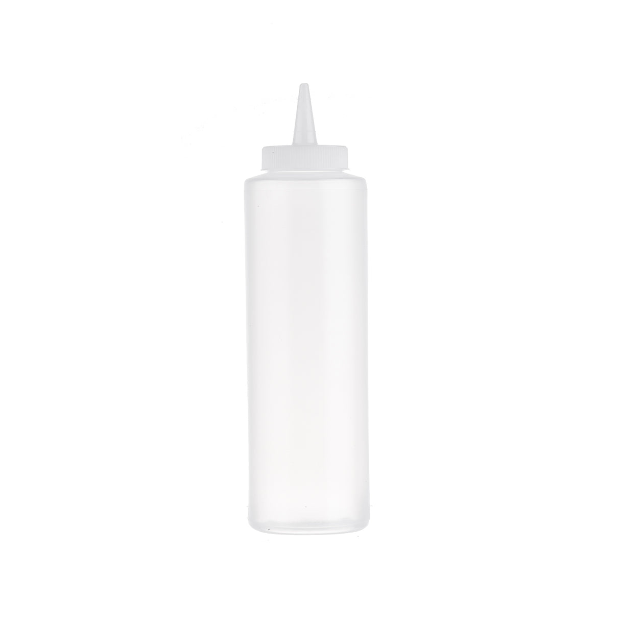 A clear, empty 12 oz Squeeze Bottle with a narrow pointed nozzle and screw-on cap stands upright against a plain white background. Cylindrical and unmarked, it's commonly used for sauces or dressings and is dishwasher safe for easy cleaning.
