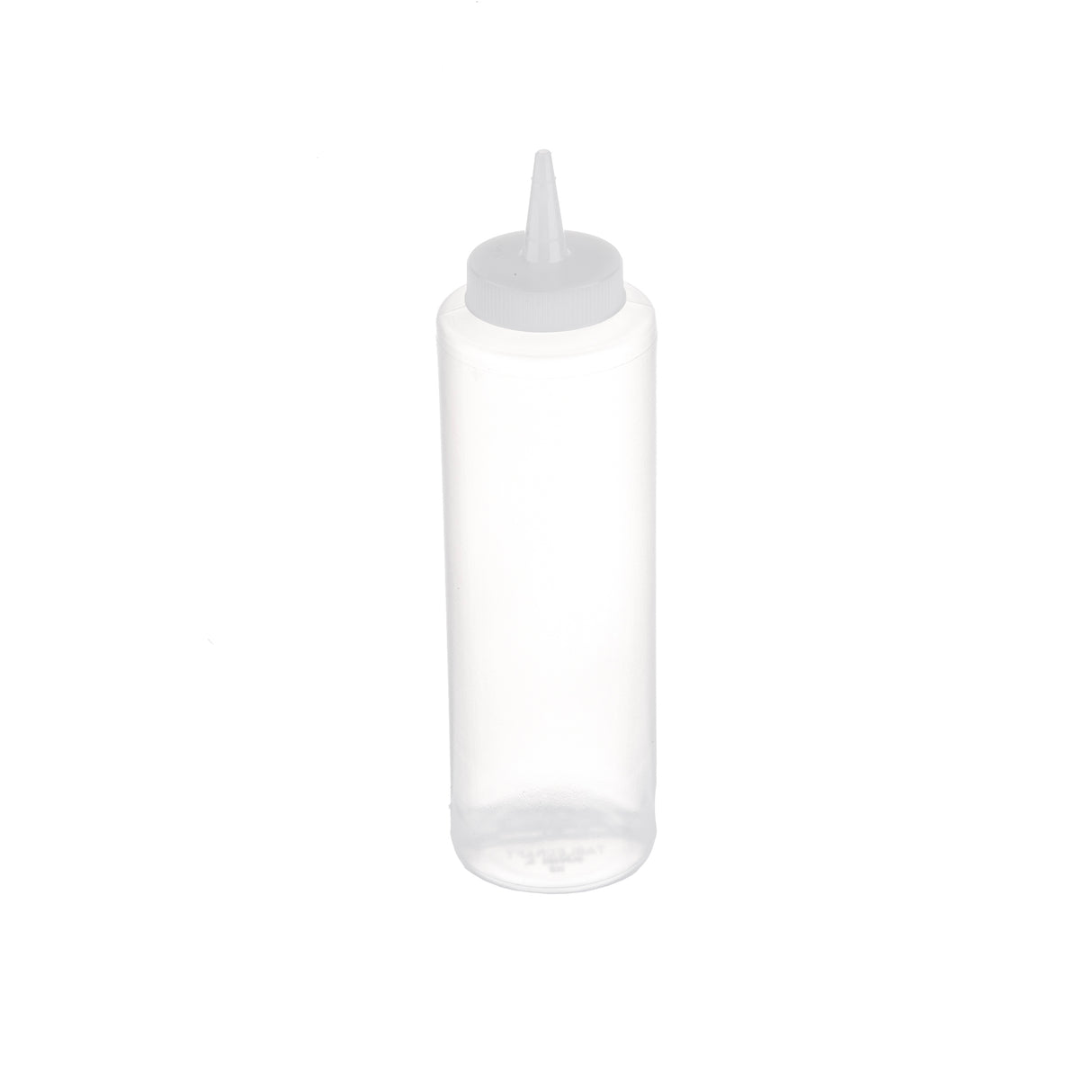 A clear, 12 oz Squeeze Bottle with a pointed gray nozzle cap stands upright on a plain white background. Cylindrical in shape and dishwasher safe, it’s ideal for condiments, sauces, or other liquids.