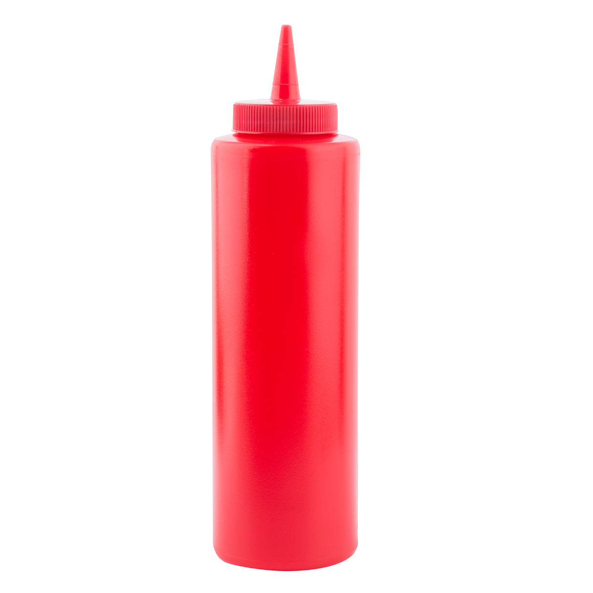 A bright red 12 oz squeeze bottle with a pointed nozzle and ribbed twist cap stands upright against a plain white background. Commonly used for condiments like ketchup.
