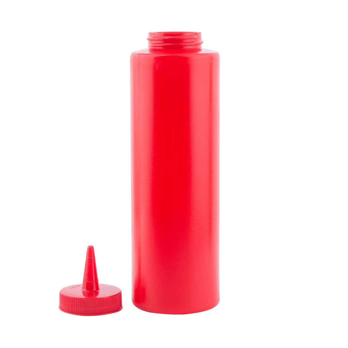 A 12 oz red plastic squeeze bottle stands upright with its pointed nozzle cap removed and placed beside it on a white background. The empty ketchup bottle has a smooth, glossy surface.