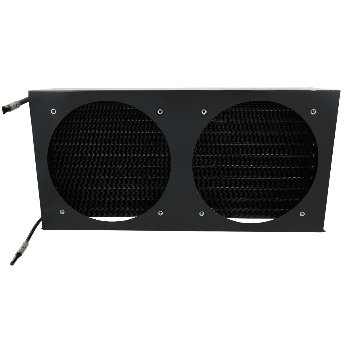 A rectangular black metal cooling unit, like those found in Empura Refrigeration systems, features two large circular ventilation holes with black grille fins behind each opening and two cables extending from the edges. The smooth front has visible screws around the holes.