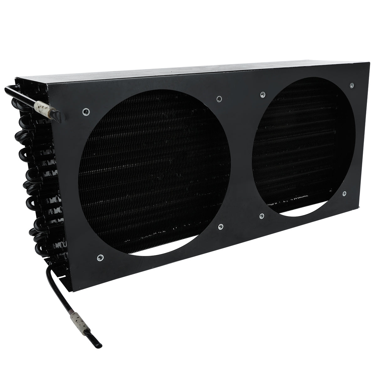 A black rectangular metal condenser coil or radiator component with two large circular openings, cooling fins and coils, plus two attached cables, shown isolated on a white background. Compatible with Empura Refrigeration or Empura Parts.