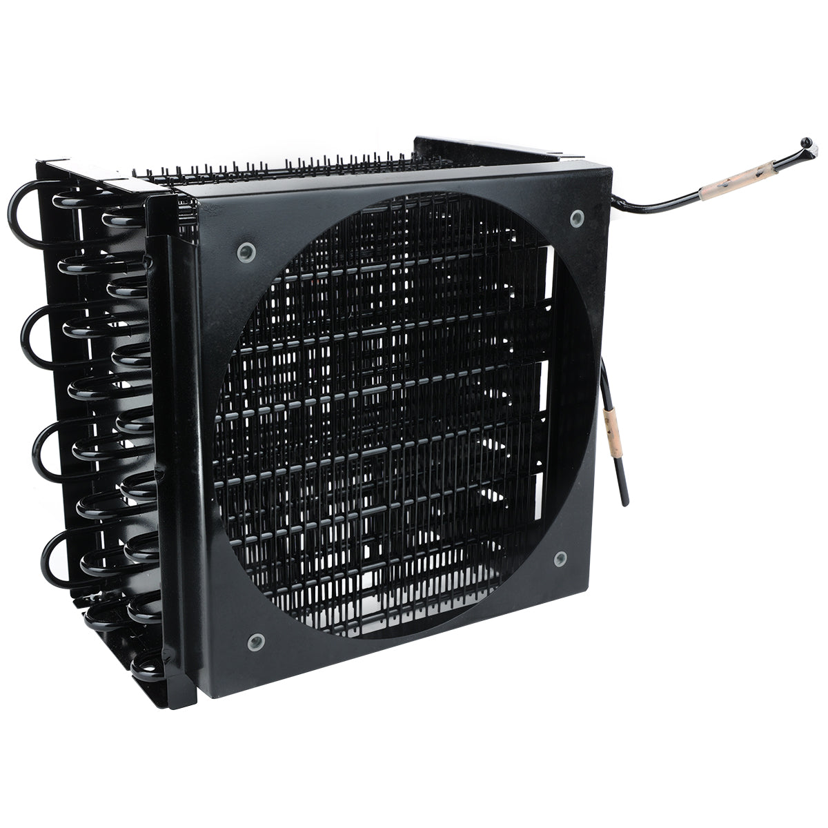 A black metal Empura Refrigeration condenser coil assembly with tightly packed horizontal and vertical coils, a large central circular opening, and two protruding copper tubes with black insulation on the right side. Ideal for Empura Parts replacement.
