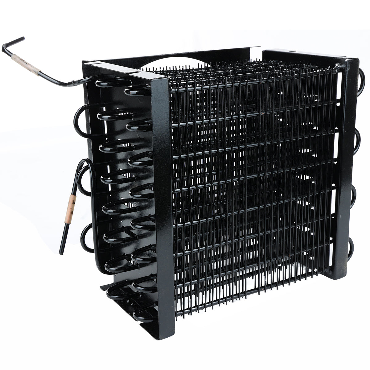 A black metal Empura Parts condenser coil with layered, grid-like wire fins and curved tubes stands upright on a white background. Two copper-tipped tubular extensions protrude from the left side for refrigerant flow during installation.
