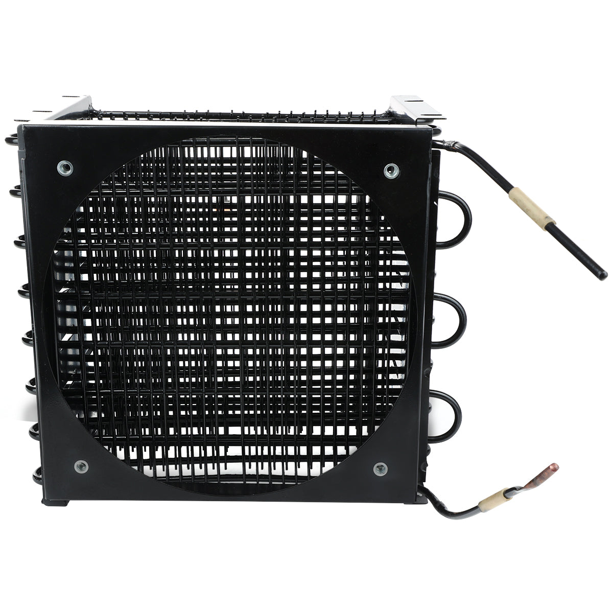A black metal Empura Refrigeration E-KBB602B condenser coil features a square frame, a large circular central opening with horizontal and vertical fins, and two insulated copper pipes extending from the right side.