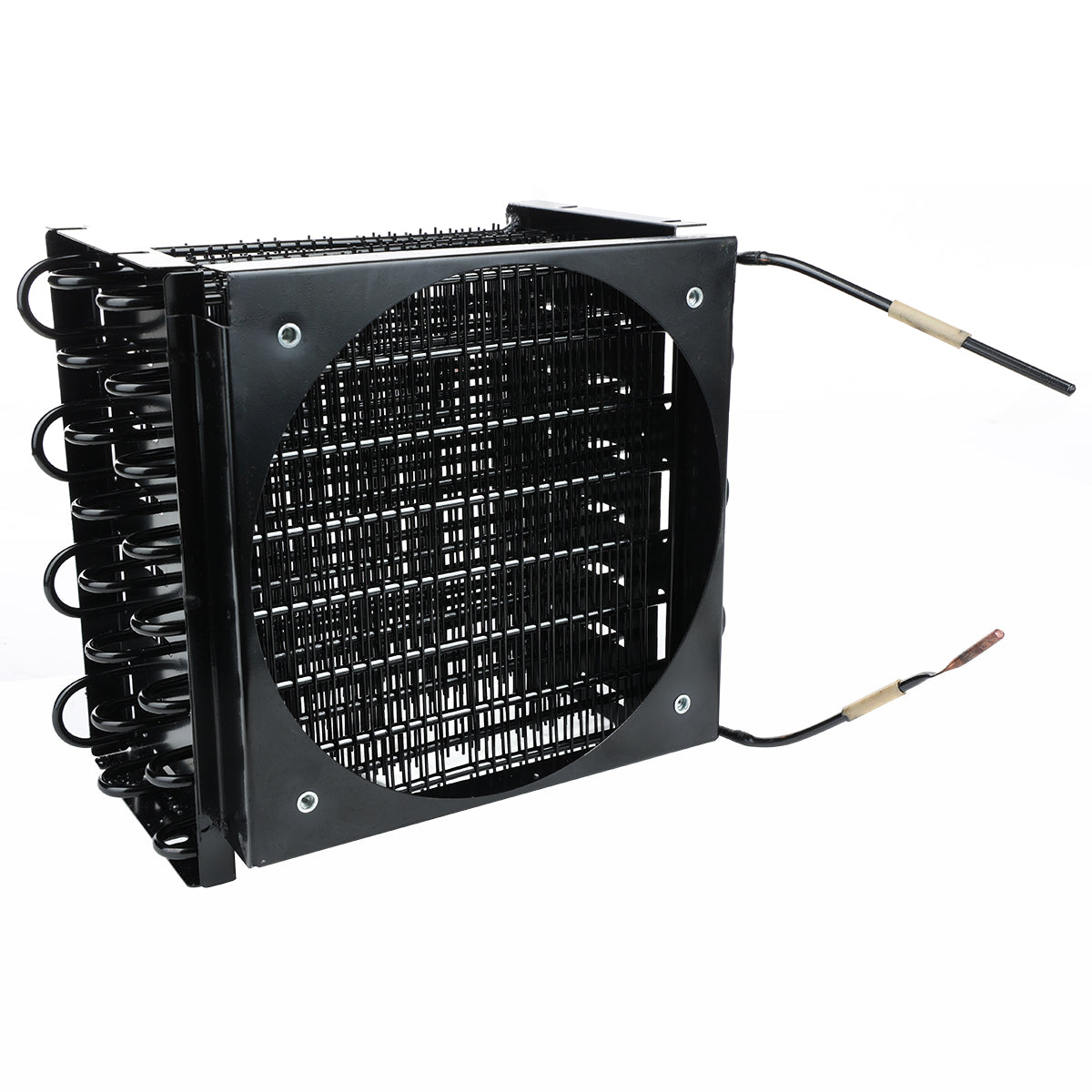 Black metal Empura Refrigeration condenser coil, model E-KBB602B, with four stacked grid-like rows and central circular fan cutout. Two insulated copper pipes extend outward, designed for efficient heat exchange in refrigeration systems.