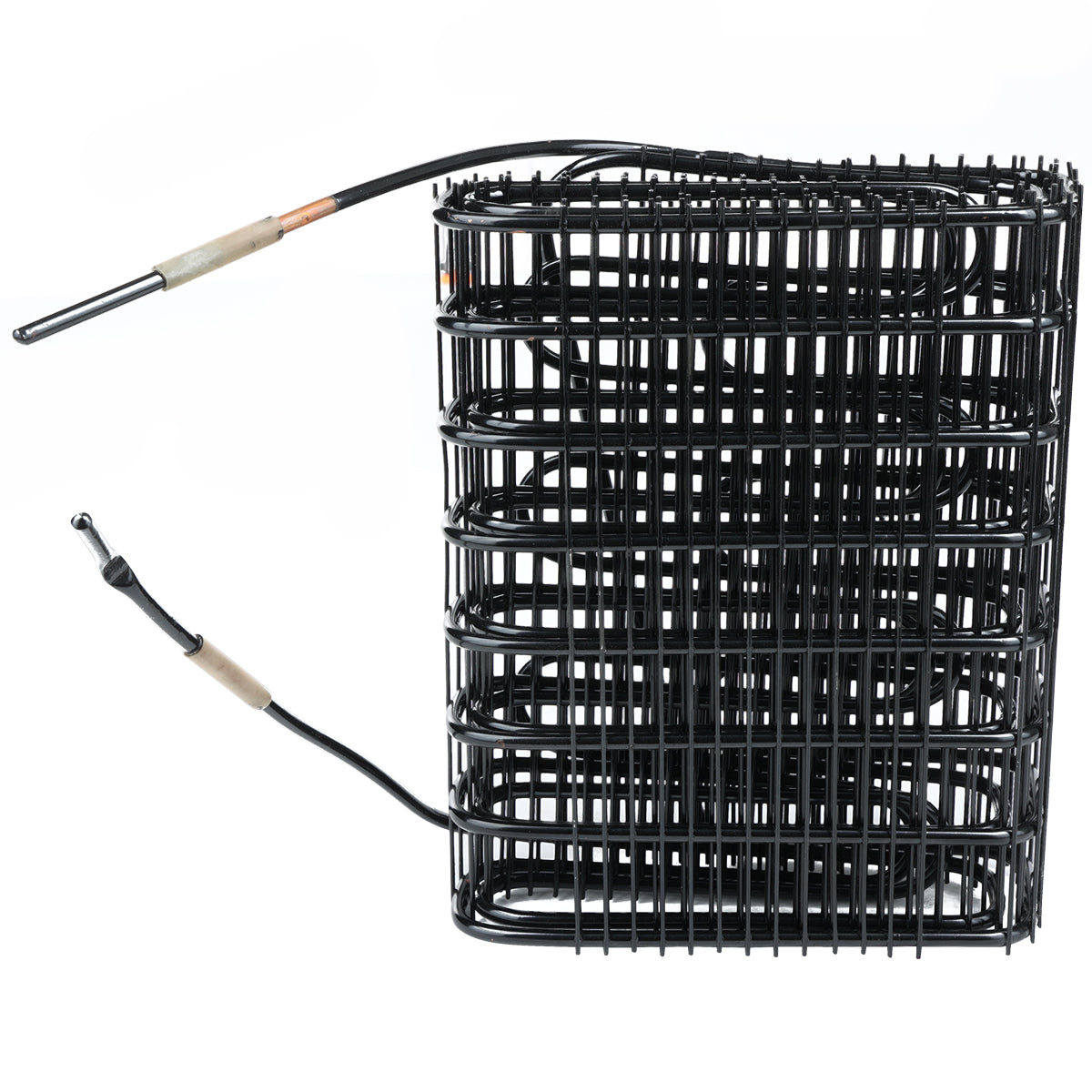 A black metal wire condenser coil for Empura Refrigeration, featuring two exposed black wires tipped with metallic sensors. The tightly wound Empura Parts coil forms stacked horizontal rows against a white, uncluttered background.