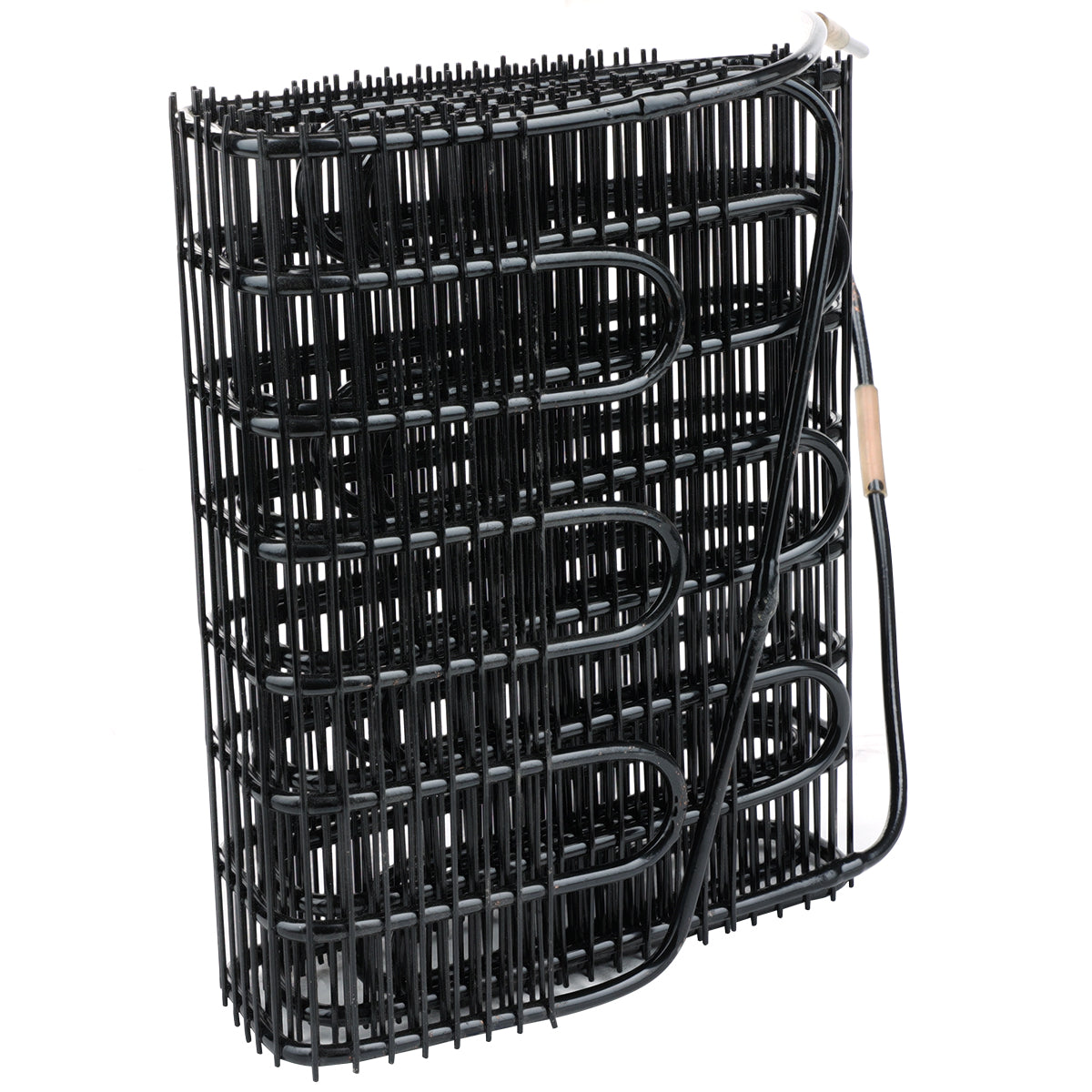 A black, metal wire condenser coil with multiple horizontal loops, commonly used in Empura Refrigeration units. A black tube, partially insulated with beige material, is attached to the coil and loops around its side. The unit stands upright against a white background.