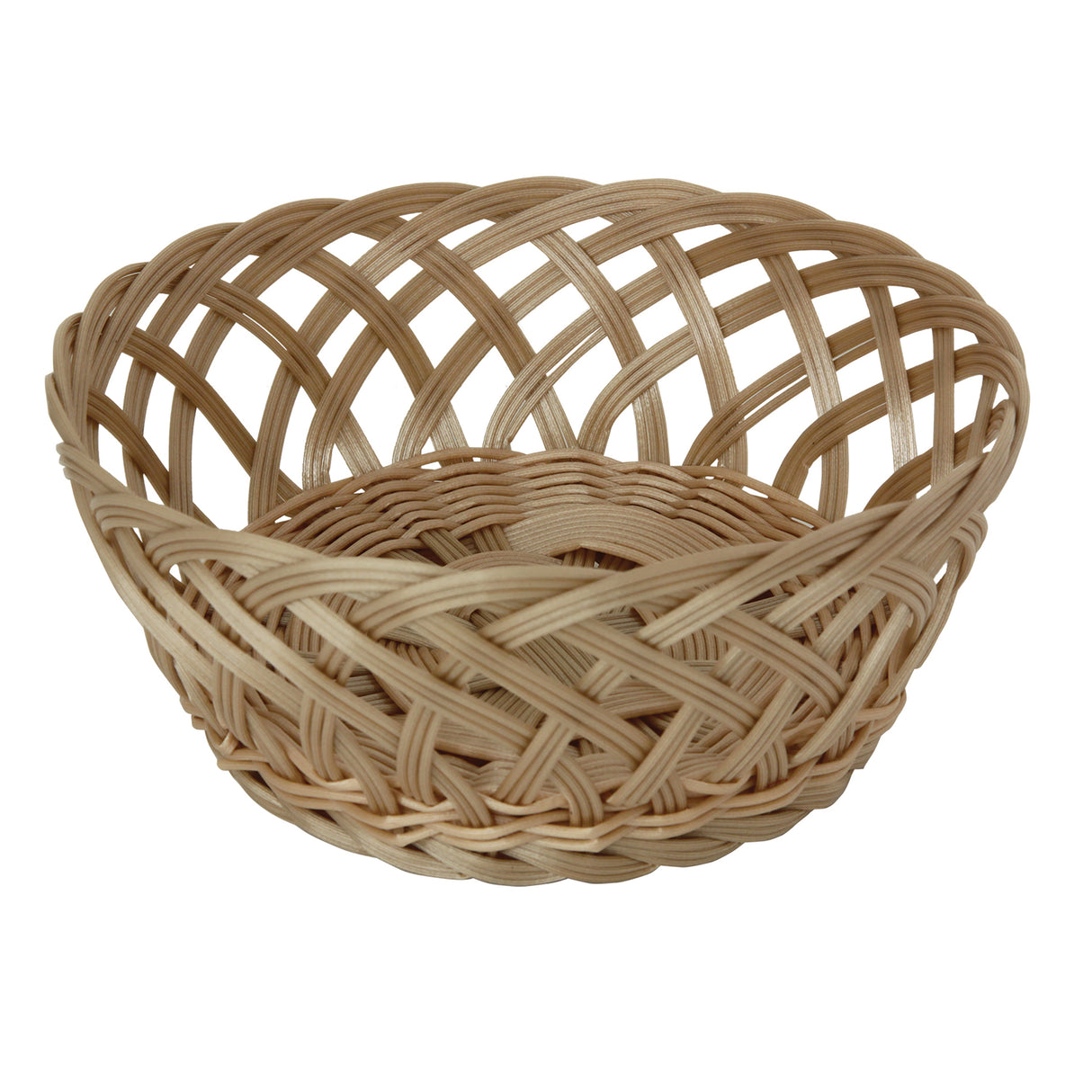 A round, shallow hand-woven basket made of light brown polypropylene, featuring an open, crisscross pattern on the sides and a tighter weave on the base. The basket is empty and photographed on a white background.