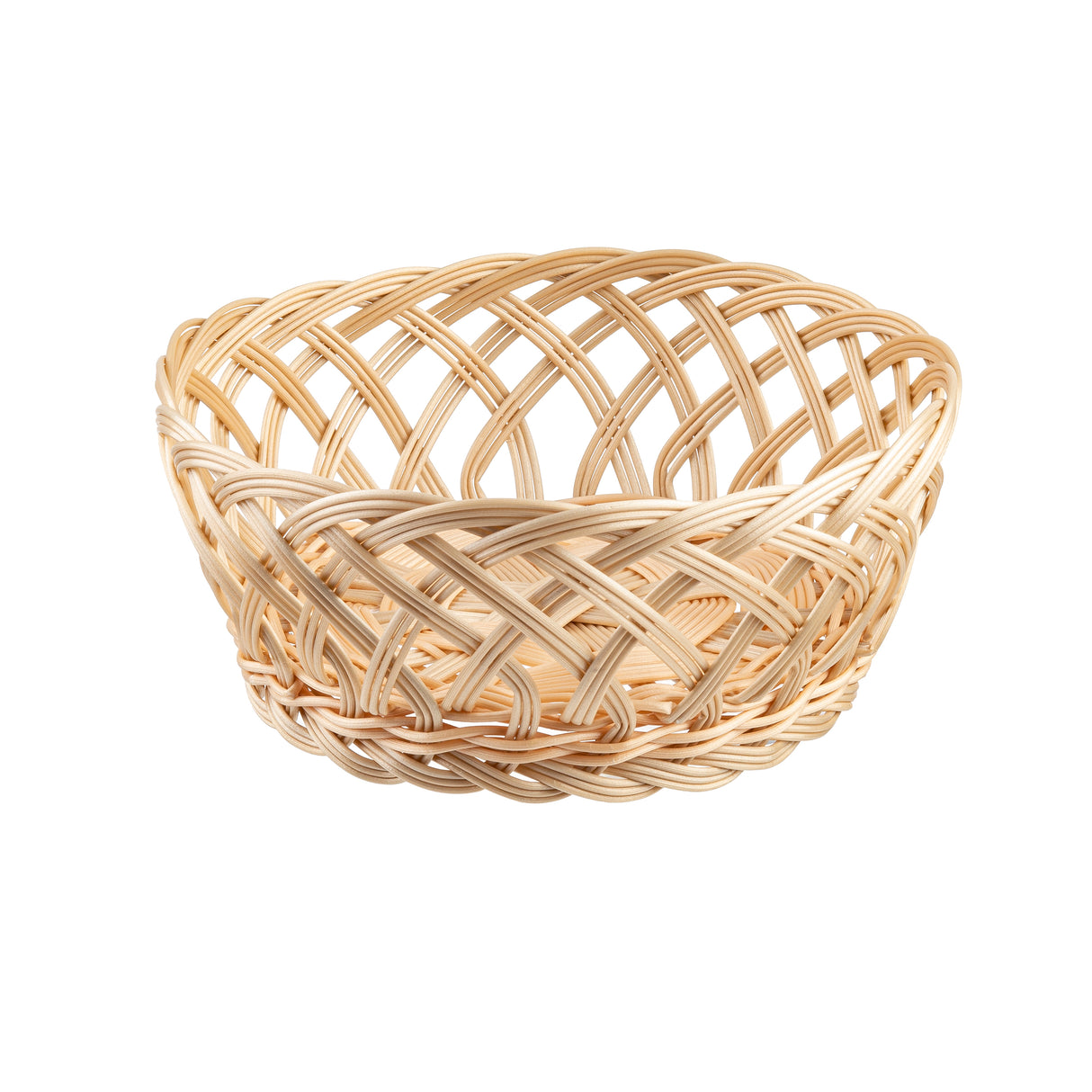 A round, light brown hand-woven wicker basket with an open, crisscross weave pattern. The empty basket sits on a plain white background, highlighting its textured, woven structure.