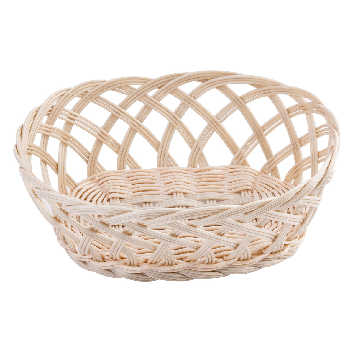 A small, round hand-woven basket featuring a light-colored wicker design with an open, crisscrossed weave along the sides and a tightly woven base, set against a white background.