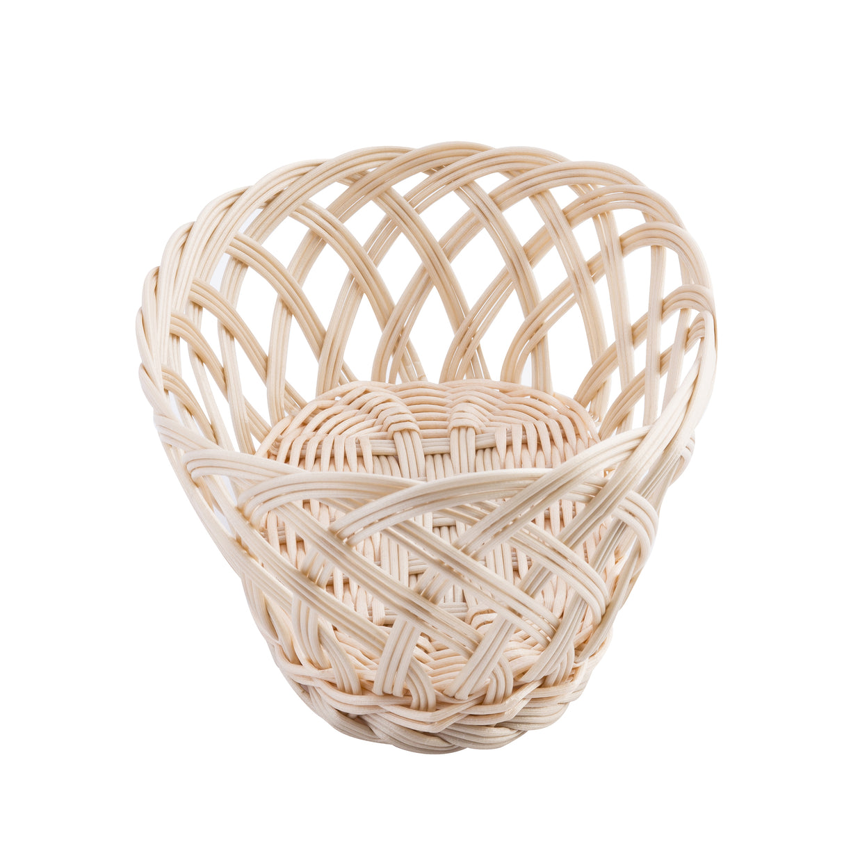 A light-colored, empty oval basket with a rounded shape and an open, crisscross pattern, hand-woven from wicker, is shown on a white background.