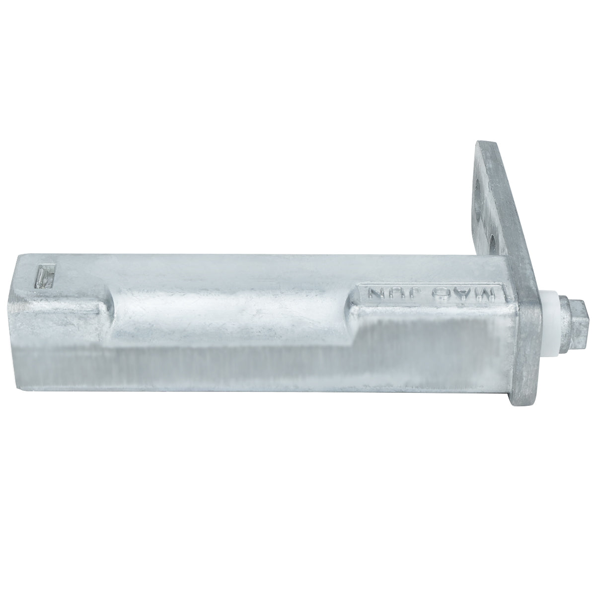 A metal hinge with a rectangular arm and bolt, featuring a right-angle mounting bracket at one end and a hexagonal nut on the opposite end. Ideal as an Empura Parts replacement for your Empura Refrigeration unit, its galvanized surface has embossed text along the arm.