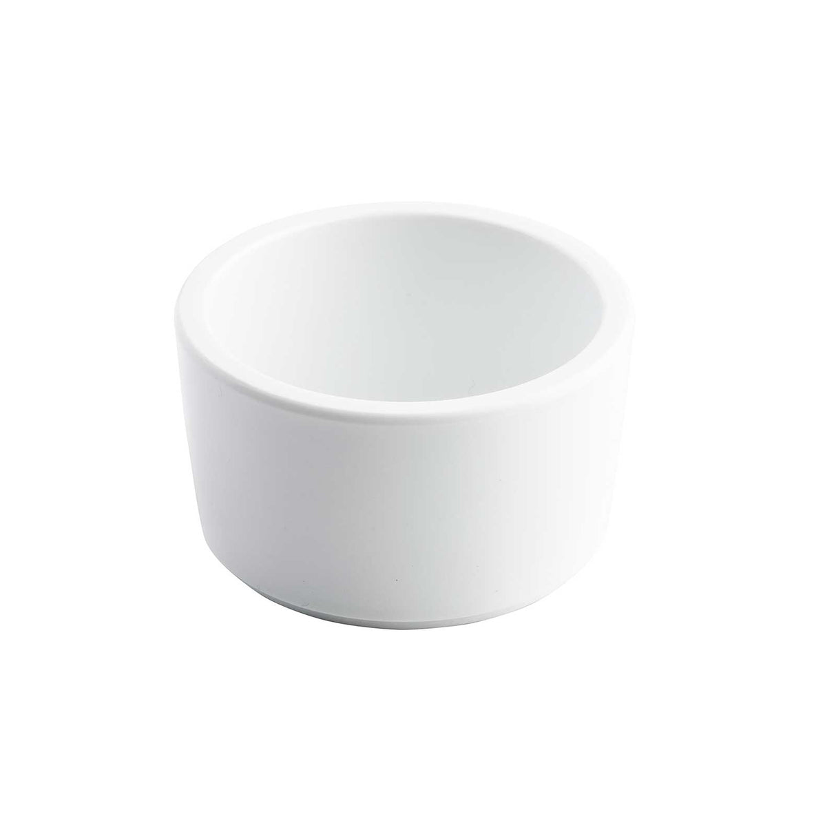 A small, plain white 3 oz ramekin with smooth sides and a thick rim, photographed against a white background. The bowl is empty and features a simple, minimalist design.