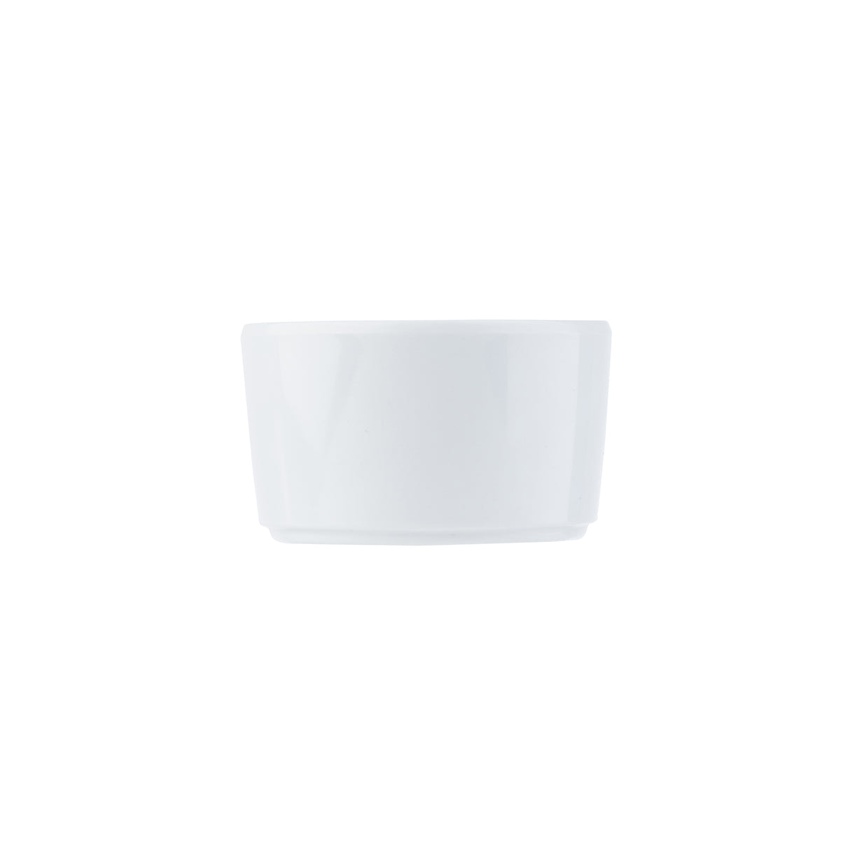 A plain, white, 6 oz ceramic ramekin is centered on a white background. It has smooth sides, a glossy finish, and a simple, round shape with a slightly flared rim. The minimalist composition highlights the ramekin’s clean design.