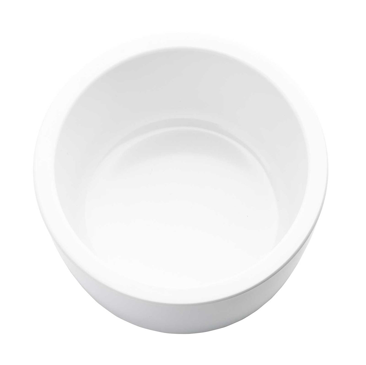 A plain, empty, round white ceramic bowl is shown from above against a white background. The 12 oz. bowl has smooth sides and a simple design, resembling a large ramekin with no markings, patterns, or decorations visible.