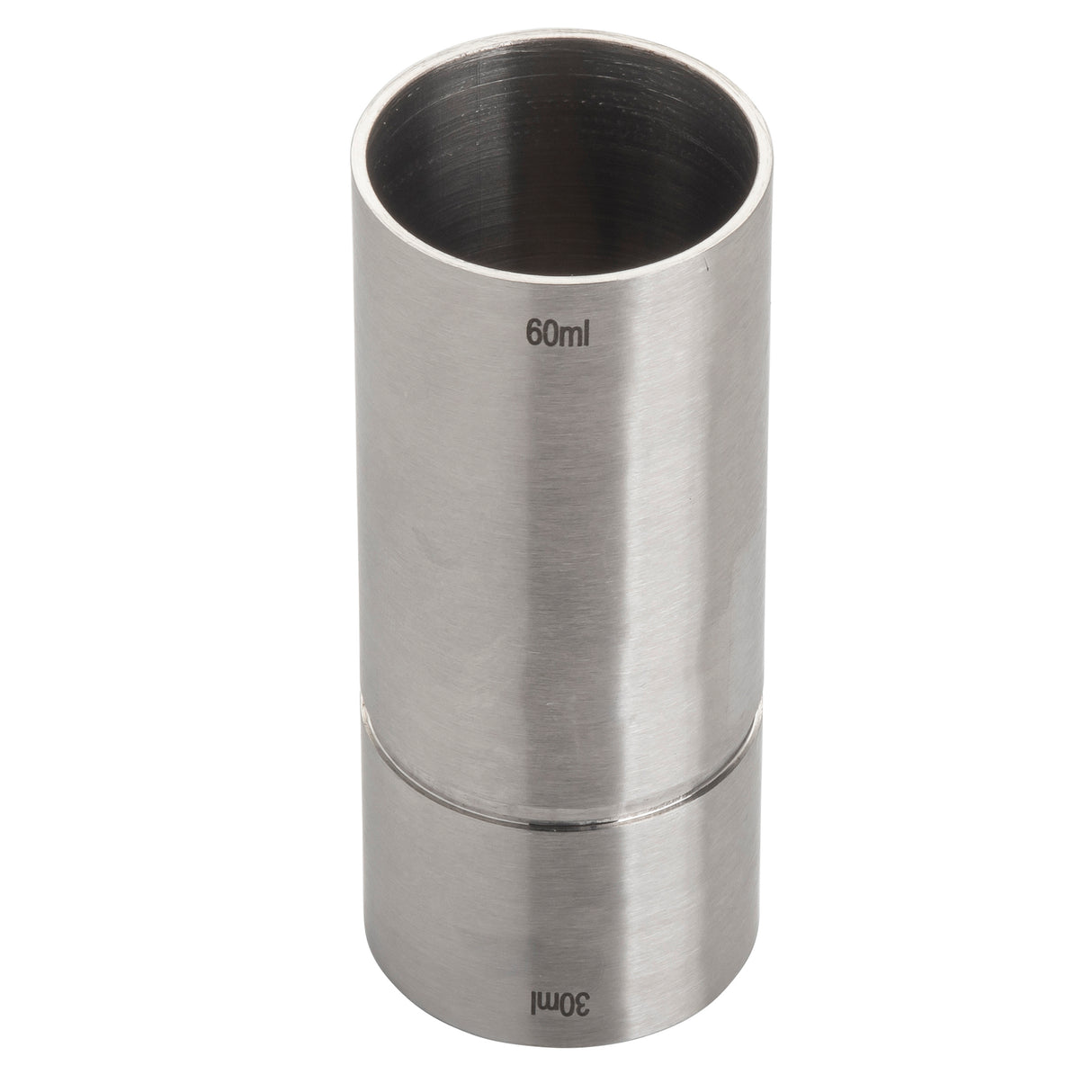A stainless steel thimble jigger for measuring liquids, with 60ml (2 oz) on the taller side and 30ml (1-1/2 oz) on the shorter side. The brushed metal finish is shown upright against a white background.