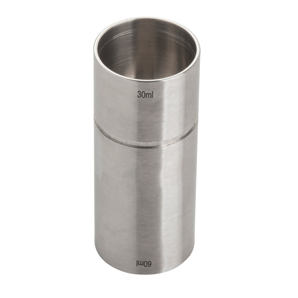 This stainless steel thimble jigger features engraved measurements: 30ml on the smaller side and 60ml (2 oz) on the larger. Its brushed metal, cylindrical design is perfect for bartending precise pours, including classic 1-1/2 oz servings.