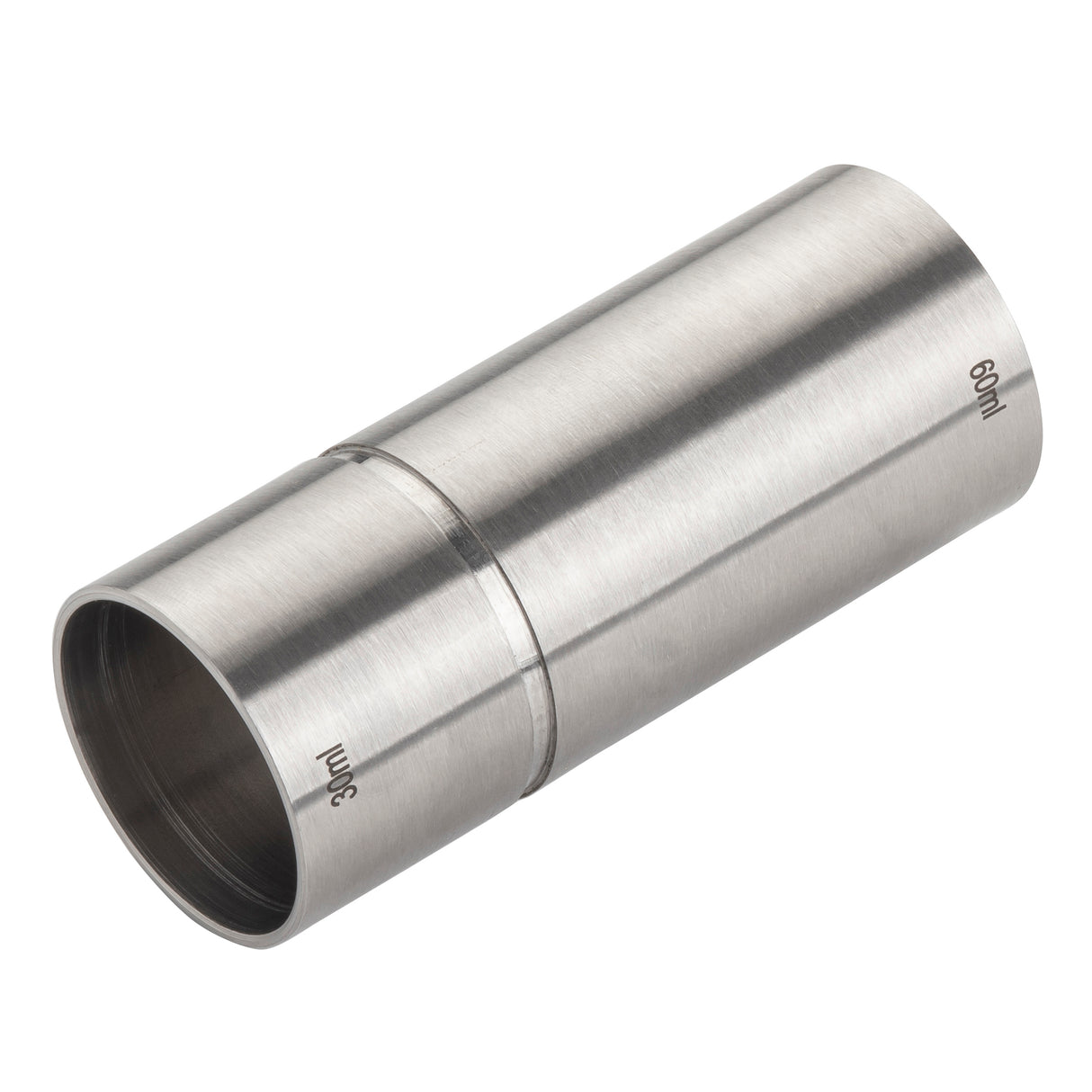 A stainless steel thimble jigger measuring cup, cylindrical with two different-sized ends. The larger side is labeled 60ml (1-1/2 oz), the smaller side 30ml. It features a brushed metal finish with smooth, rounded edges.