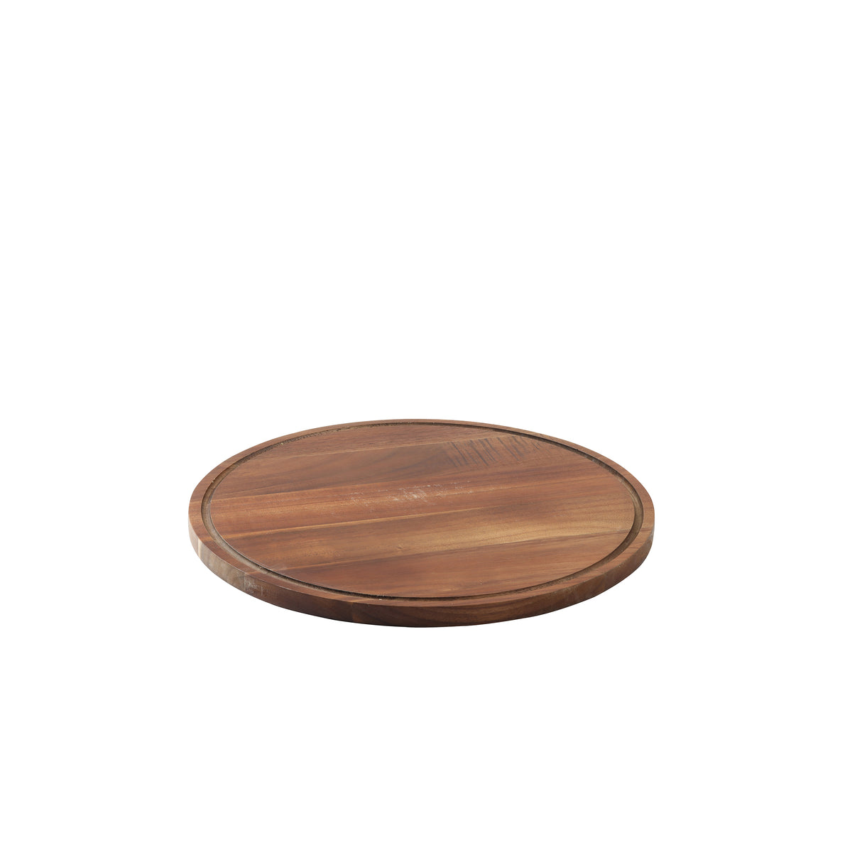 A round, flat Acacia Cake Plate with a smooth finish and visible natural wood grain sits on a white background. This simple, unadorned TableCraft board features a shallow groove around the edge.