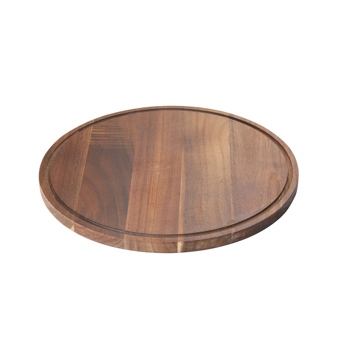 A round wood cake plate with a smooth surface and shallow groove near the edge, displayed against a white background. The board features natural wood grain patterns in various brown tones, making it an elegant TableCraft accessory.