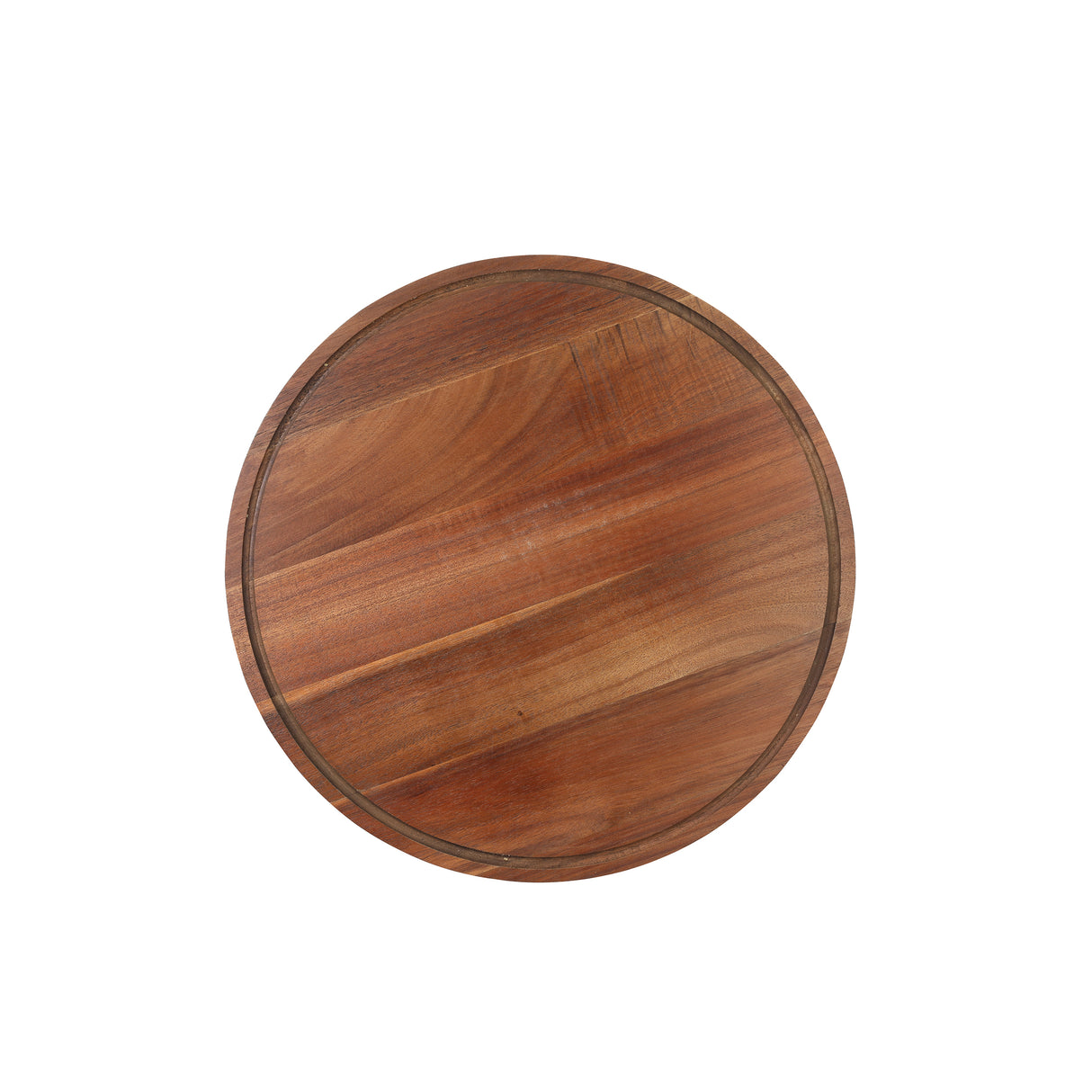 A round wood cake plate with a smooth surface and visible natural grain. A subtle groove near the edge, likely for catching crumbs or liquids, adds function. The plain white background highlights this TableCraft cutting board’s texture and color.