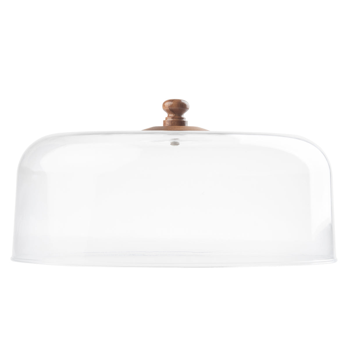 A clear, dome-shaped Acacia Cake Dome by TableCraft with a round wooden knob on top, shown against a white background. This elegant cover is perfect for displaying and protecting cakes or pastries.