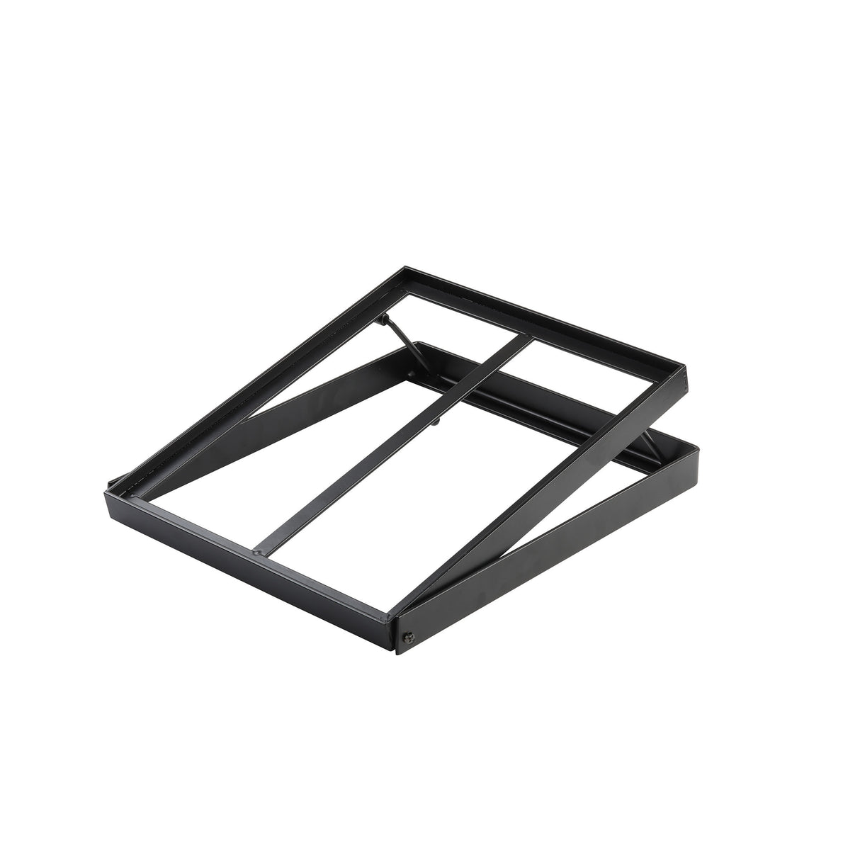 A black, rectangular metal frame with an angled, open-back design. Featuring two supporting crossbars, this collapsible crate stand is placed on a plain white background and appears to be a base for gastronorm display crates or equipment.
