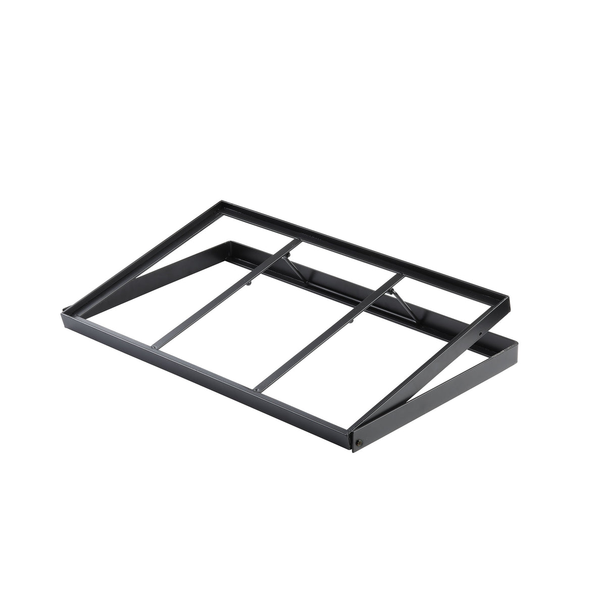 A collapsible black steel crate stand with angled support bars, viewed from above at a slight angle, sits on a white background. The frame appears designed for mounting or supporting equipment like gastronorm display crates.