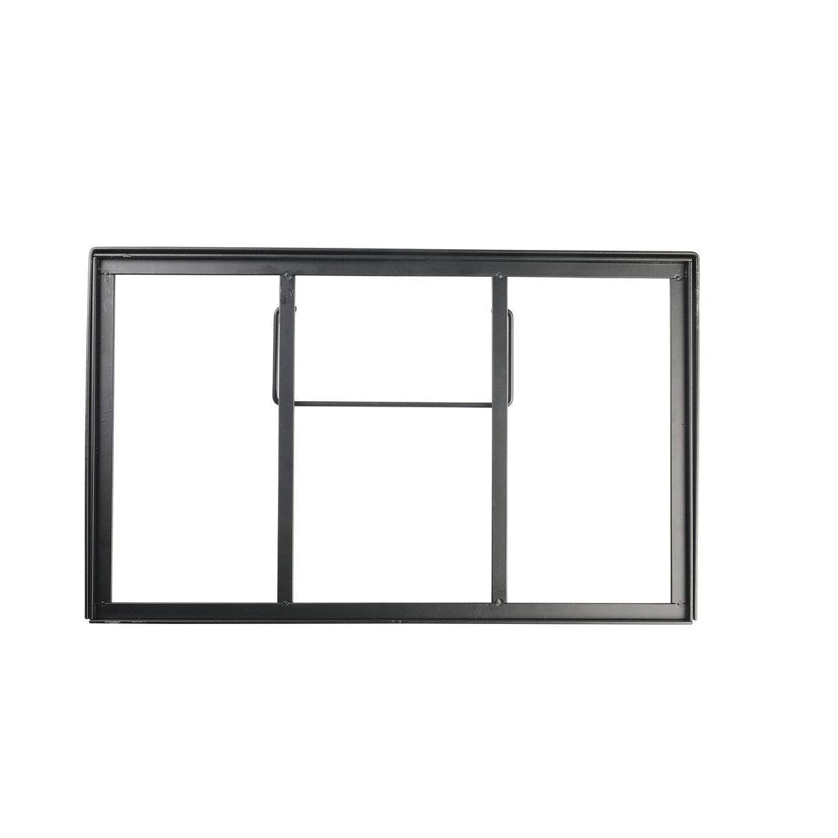 A rectangular, collapsible black steel basketball backboard frame with a horizontal bar across the middle and a vertical bar in the center, viewed against a plain white background. The frame has no attached hoop or glass panel.