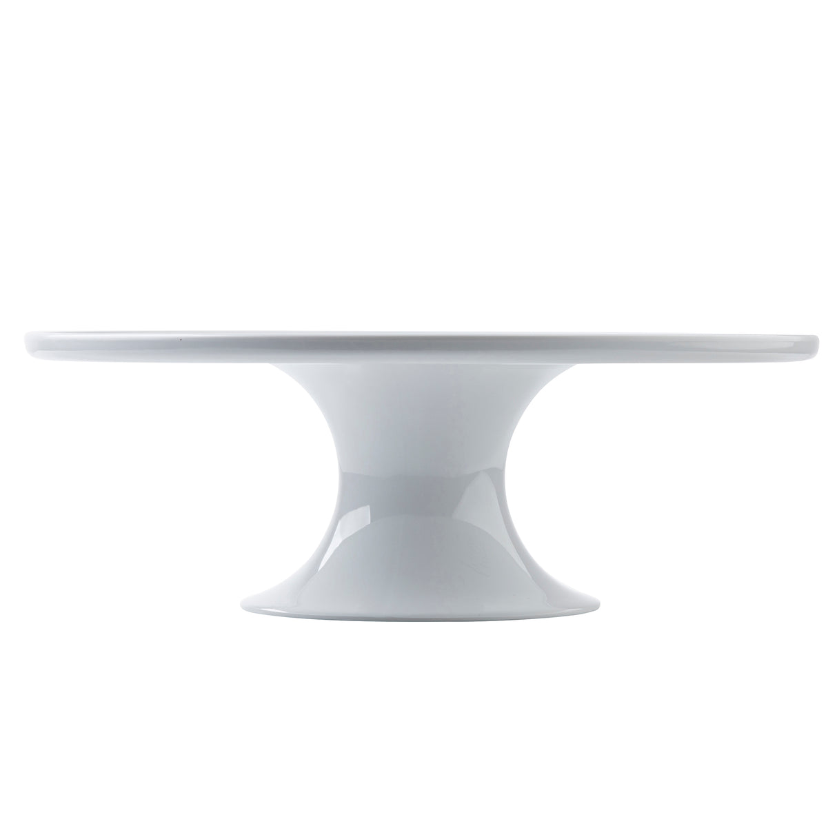 A glossy white melamine cake stand with a wide, flat top and a sturdy, flared pedestal base. Part of the Crofthouse Collection, its minimalist design features clean lines and a smooth finish, shown against a plain white background.