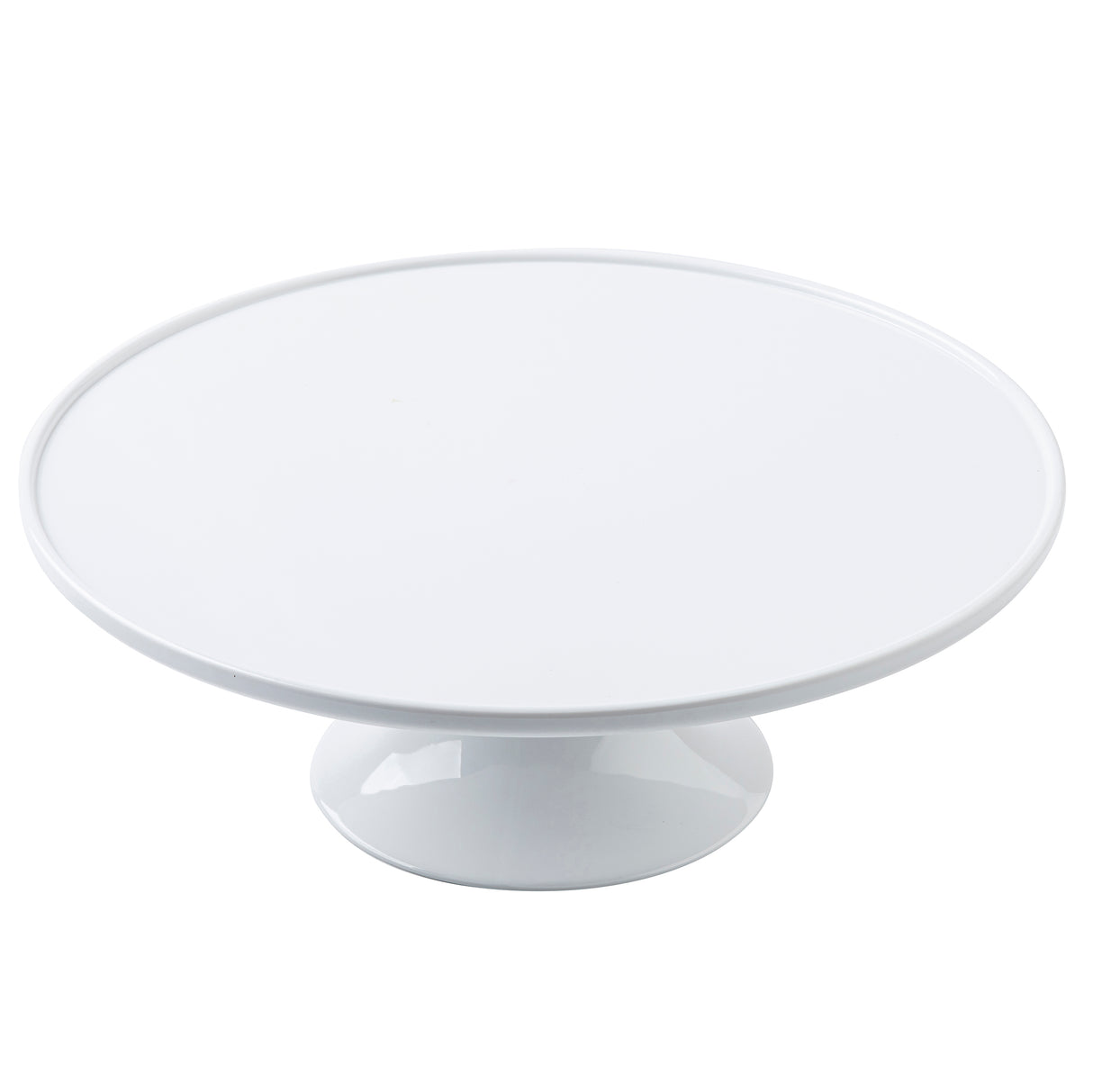A plain, round, white melamine cake stand from the Crofthouse Collection features a wide, flat surface and a sturdy pedestal base. Photographed against a white background, its minimalist design is simple, smooth, and unadorned.