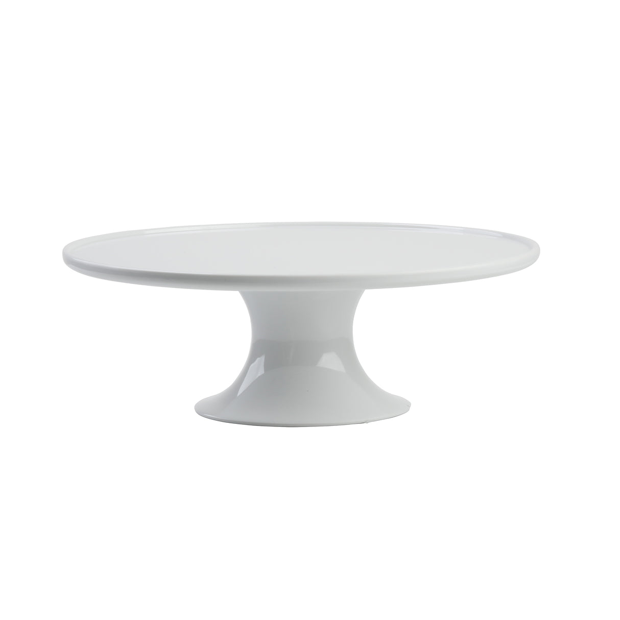 A glossy white ceramic cake stand from the Crofthouse Collection features a wide, flat round top and sturdy pedestal base. Its sleek, minimalist design gives it an elegant, modern look against the plain white background.