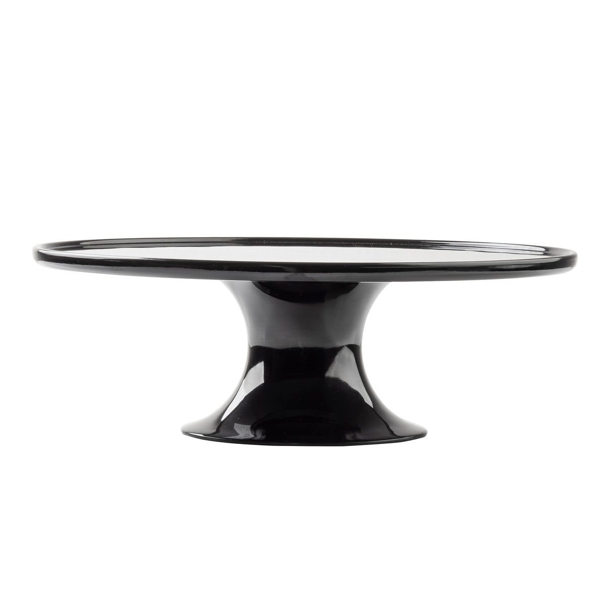 A glossy black ceramic cake stand from the Crofthouse Collection features a wide, flat top and flared pedestal base. Its smooth, shiny surface and minimalist design are showcased on a plain white background.