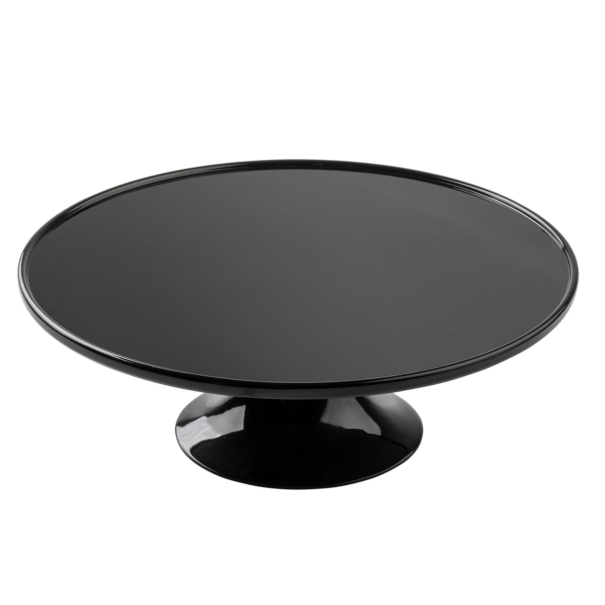 A glossy black melamine cake stand from the Crofthouse Collection features a wide, flat circular top and a sturdy pedestal base. Its sleek, modern design and smooth surfaces are perfect for displaying cakes or desserts.